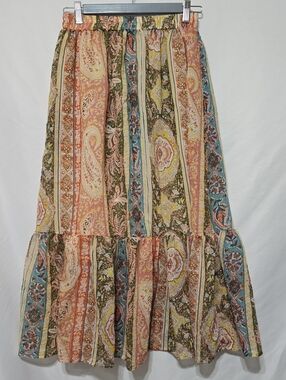 Color Block Boho Paisley Patchwork Tiered Maxi Skirt Pastel Size M